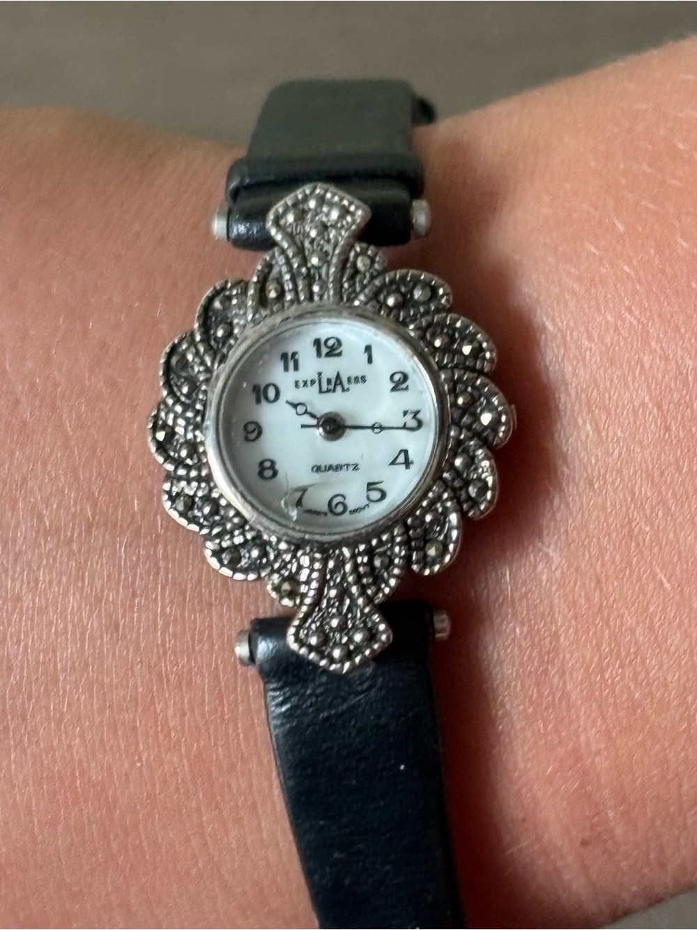 Express LA Marcasite Style Watch Black Leather Band Vintage Inspired Quartz